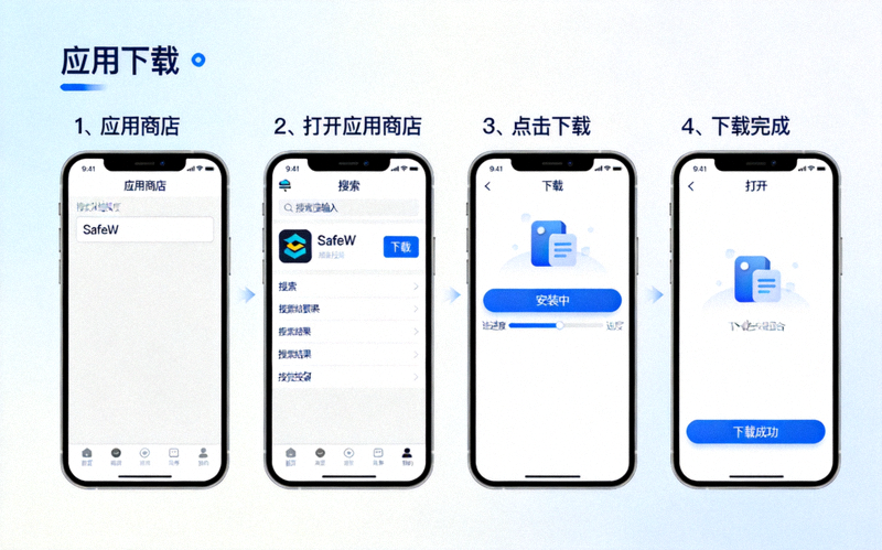 从官方应用商店下载SafeW应用的步骤截图，显示搜索和下载过程