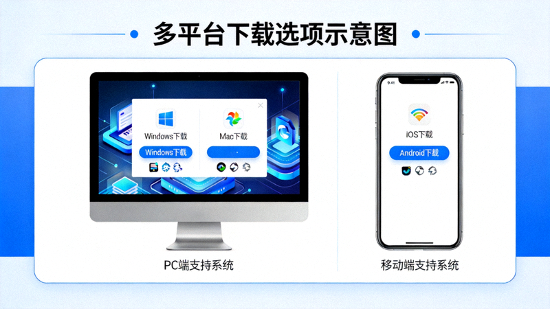 电脑和手机屏幕上显示不同操作系统下载选项的示意图