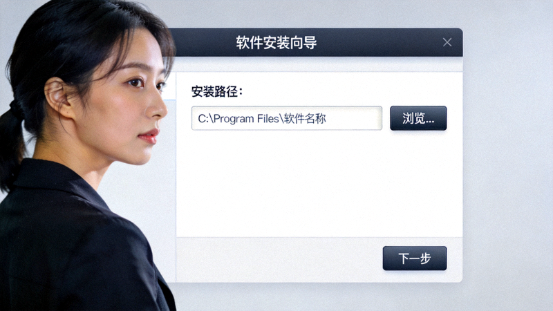 软件安装向导界面示意图，显示下一步按钮和安装路径选择