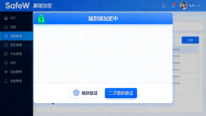 SafeW端到端加密对话界面截图，显示加密状态指示和安全验证选项