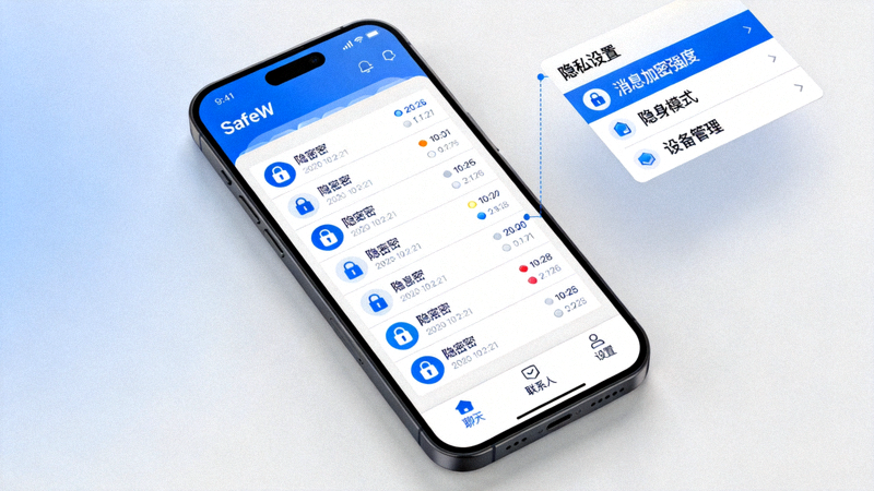 SafeW加密聊天应用界面展示，显示加密对话和隐私设置选项