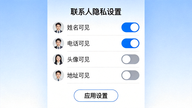 SafeW联系人隐私设置界面，展示各种可见性选项开关