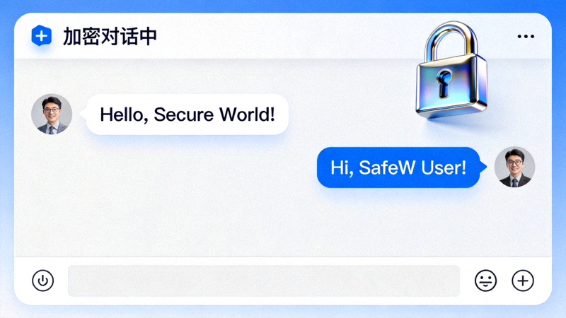 SafeW软件界面概念图，展示加密聊天对话框和锁形图标
