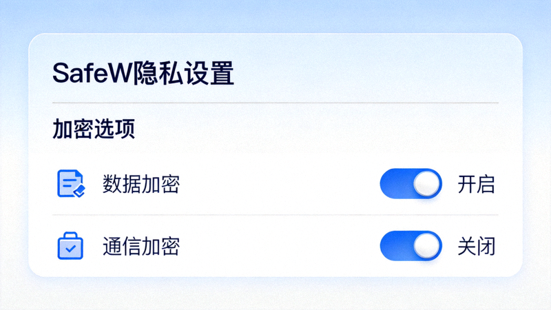SafeW软件隐私设置菜单示意图，显示加密选项和开关