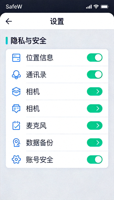 SafeW手机应用设置界面截图，显示隐私与安全选项菜单