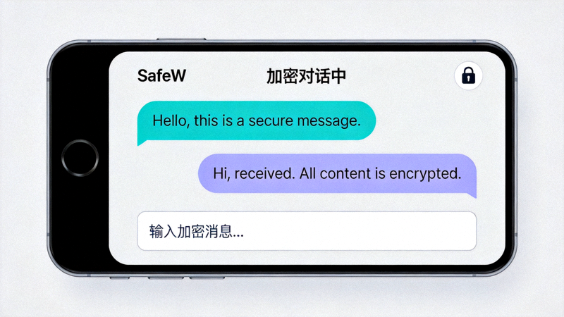 SafeW应用界面展示 - 显示加密聊天对话界面的手机屏幕截图