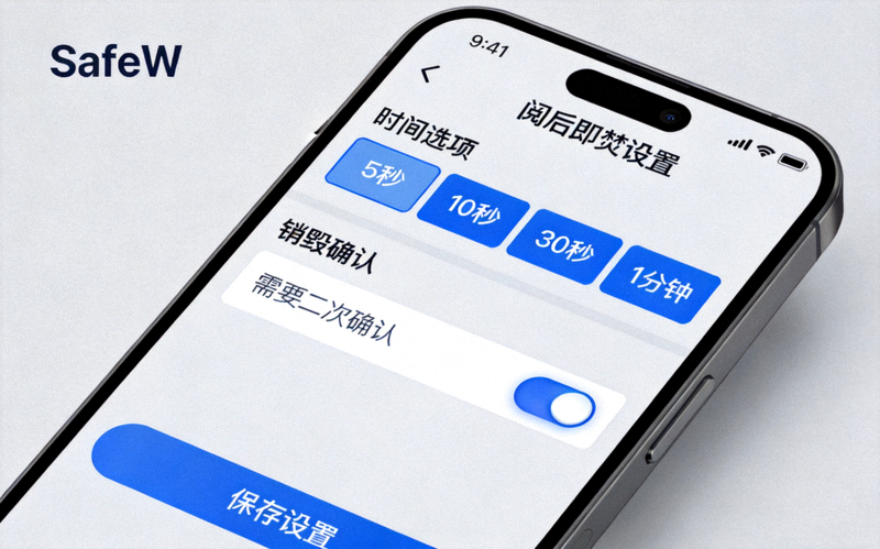 SafeW阅后即焚功能设置界面截图，显示时间选项和销毁确认