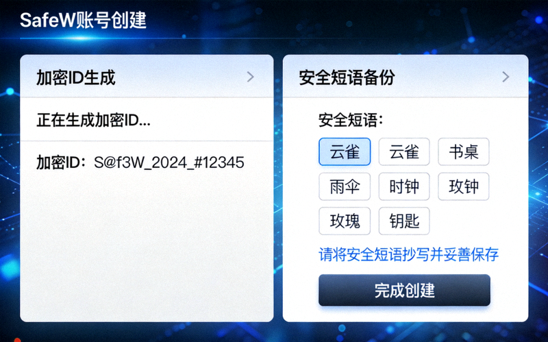 SafeW账号创建界面截图，显示加密ID生成和安全短语备份流程