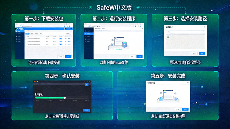 SafeW中文版安装步骤示意图 - 展示从下载到完成安装的界面流程